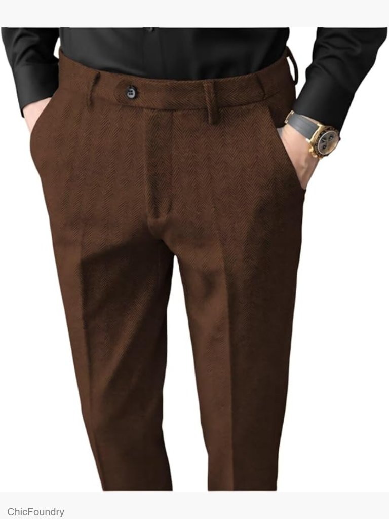 Retro Flat Front Herringbone Wool Dress Pants Slim Fit Trousers